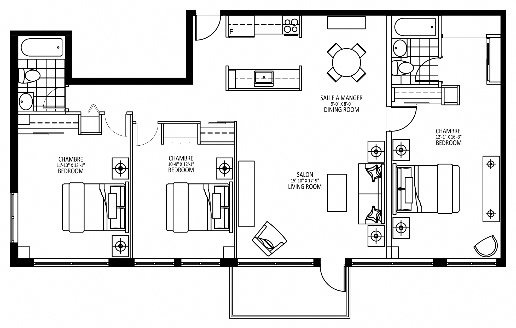 Floor plan for 3 beds, 1 bath